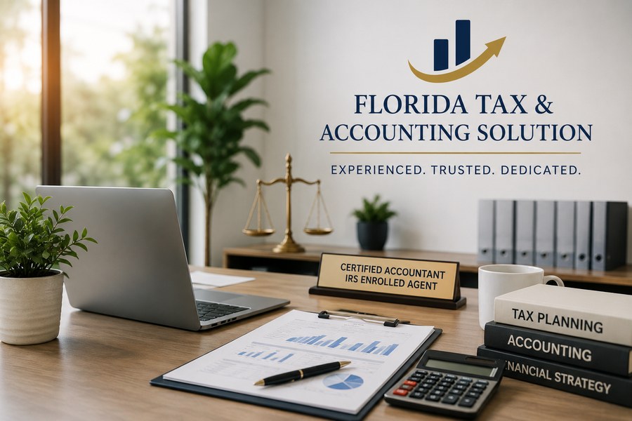 Florida Tax & Accounting Solution office desk with laptop, financial reports, and a nameplate reading Certified Accountant, IRS Enrolled Agent